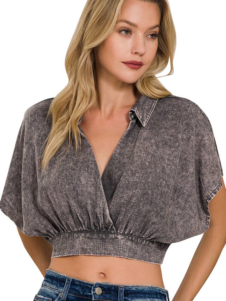 .0802 Top Curto Transpassado com Bainha Listrada em Linho Lavado SI-25875 por atacado de 42POPS