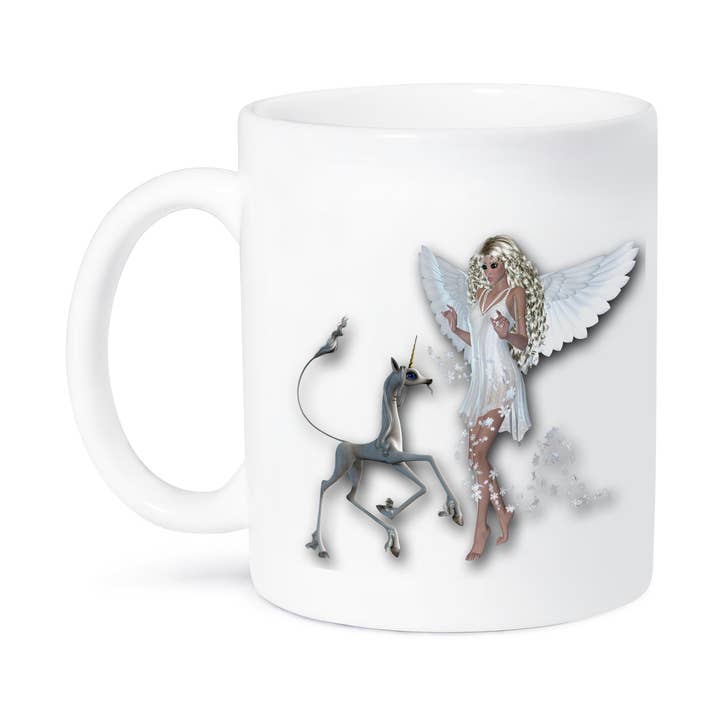 3dRose – Engroshandel Kaffekrus – 3dRose, Fantasy Enhjørning og smuk hvid fe med fe-støv accenter, Krus8