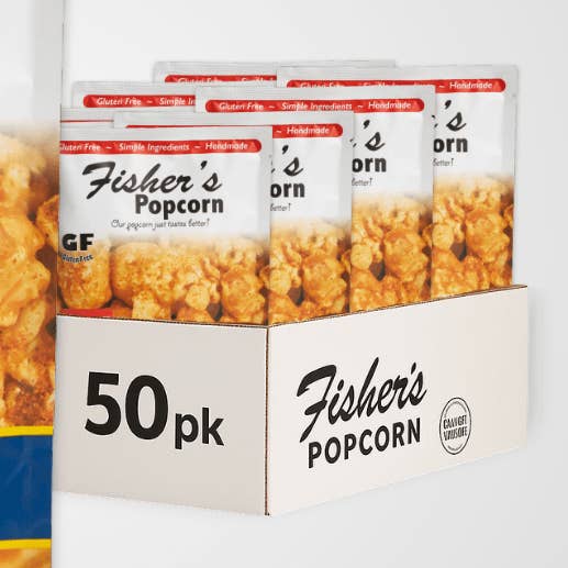 Old Bay Seasoned Caramel Popcorn 2oz (50/case) for wholesale by Fisher's Popcorn