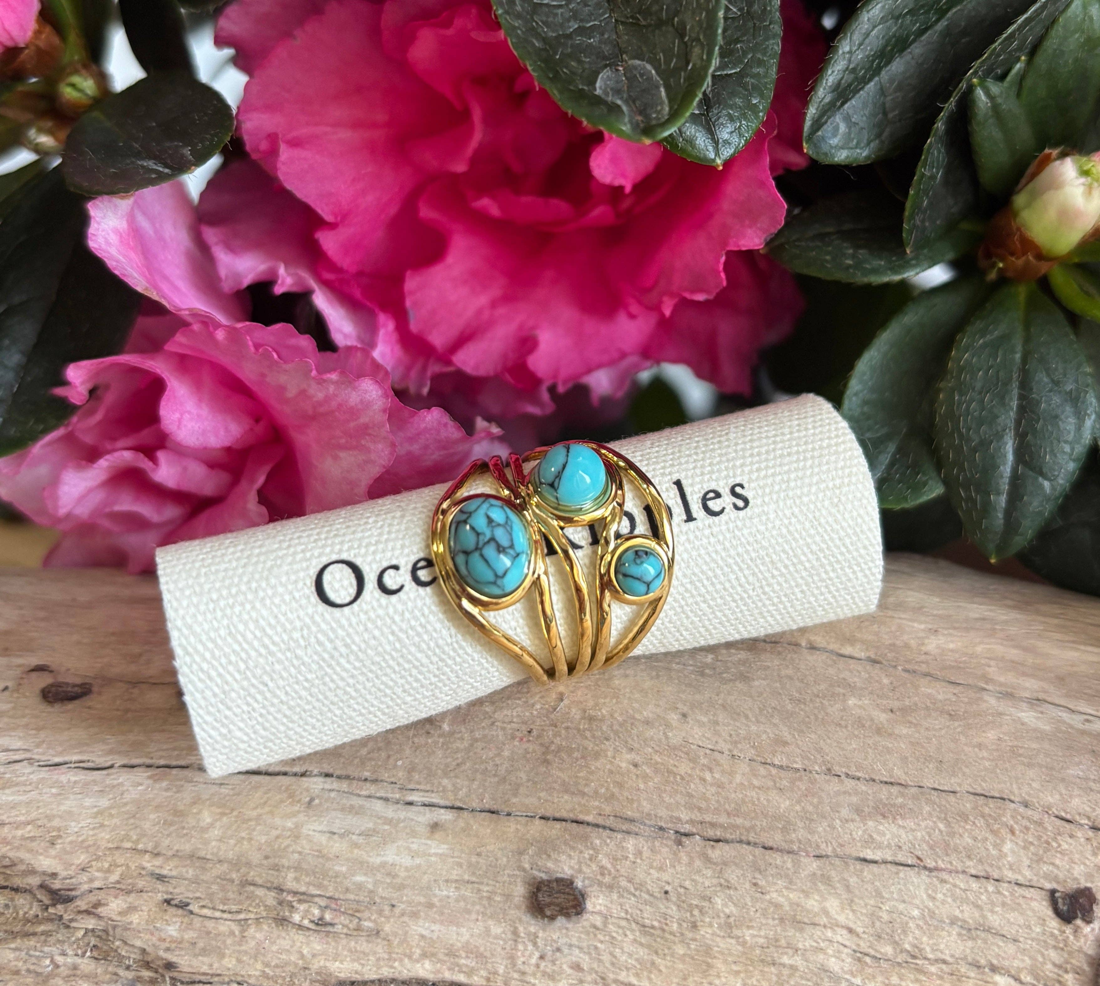 Ocean Ripples – Engroshandel Statementring – Justerbar ring med flere bånd i 18 kt forgyldt turkis4