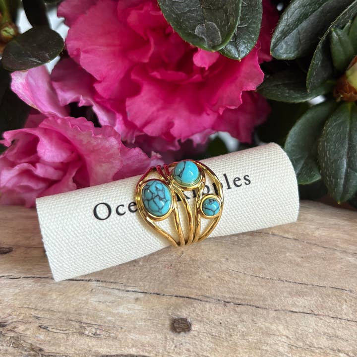 Ocean Ripples – Engroshandel Statementring – Justerbar ring med flere bånd i 18 kt forgyldt turkis4