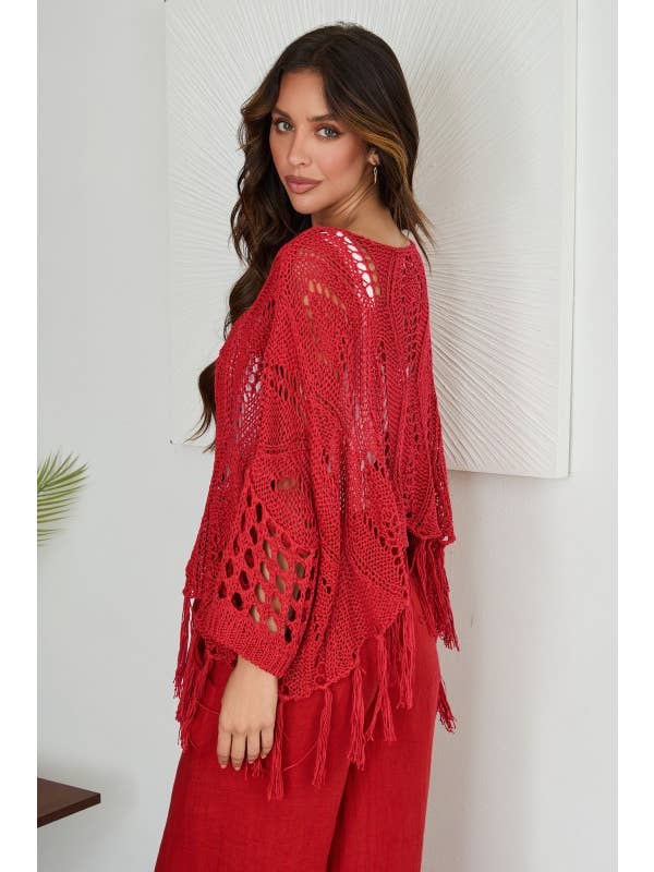 VENTI6 - Wholesale Poncho - Women's - DROP SHOULDER CROCHET TASSEL PONCHO COVER-UP (72063)2