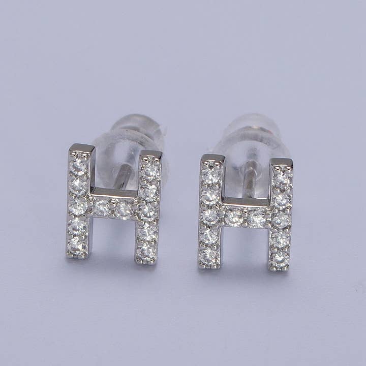 Aim Eternal - Wholesale Stud/Post Earrings - White Gold Filled Tiny Initial Letter Diamond CZ Silver Stud9