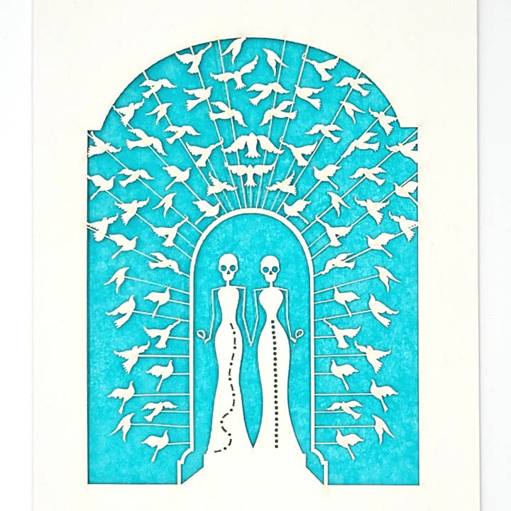 Bride and Bride - calaveras surrounded with doves for wholesale by two hermanas