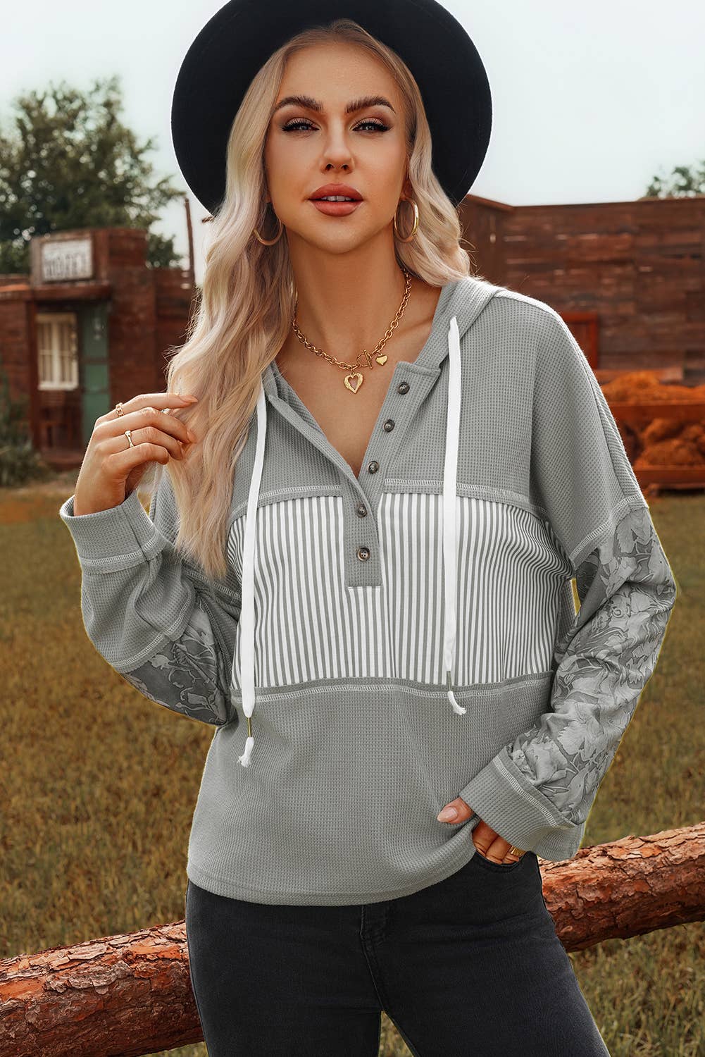 fashionworks - Vente Sweat à capuche – femme - Haut à manches longues à capuche avec cordon de serrage et motif de gaufre d'automne6