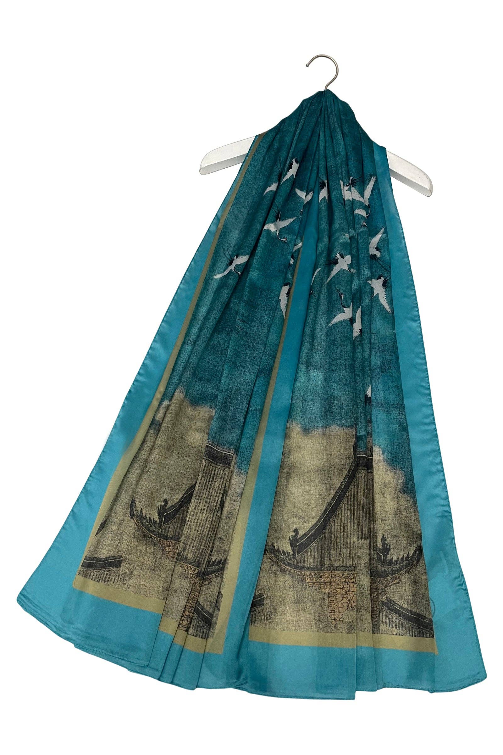 Fashion Scarf World – wholesale Scarf – Women's – Japanese Cranes Scene Art Print Silk Scarf0
