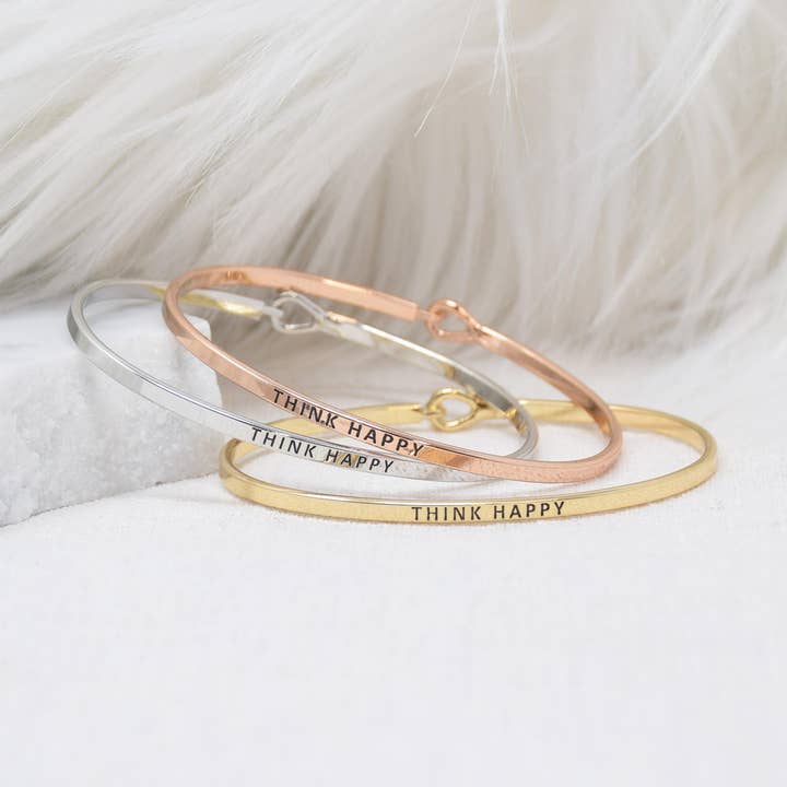 THINK HAPPY | Dainty Inspired Message Engraved Simple Bangle for wholesale by Curated Trinkets