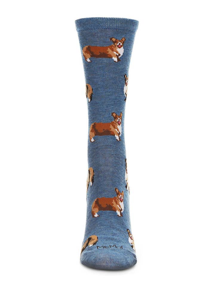 Med Denim Heather Corgis Bamboo Women's Crew Socks for wholesale on Faire