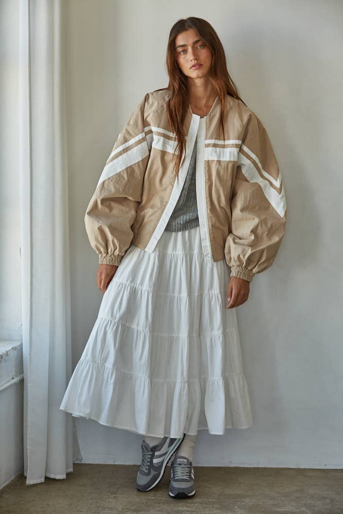 Beige L8723 | Woven Cotton Striped Zip Up Bomber Jacket  for wholesale on Faire2