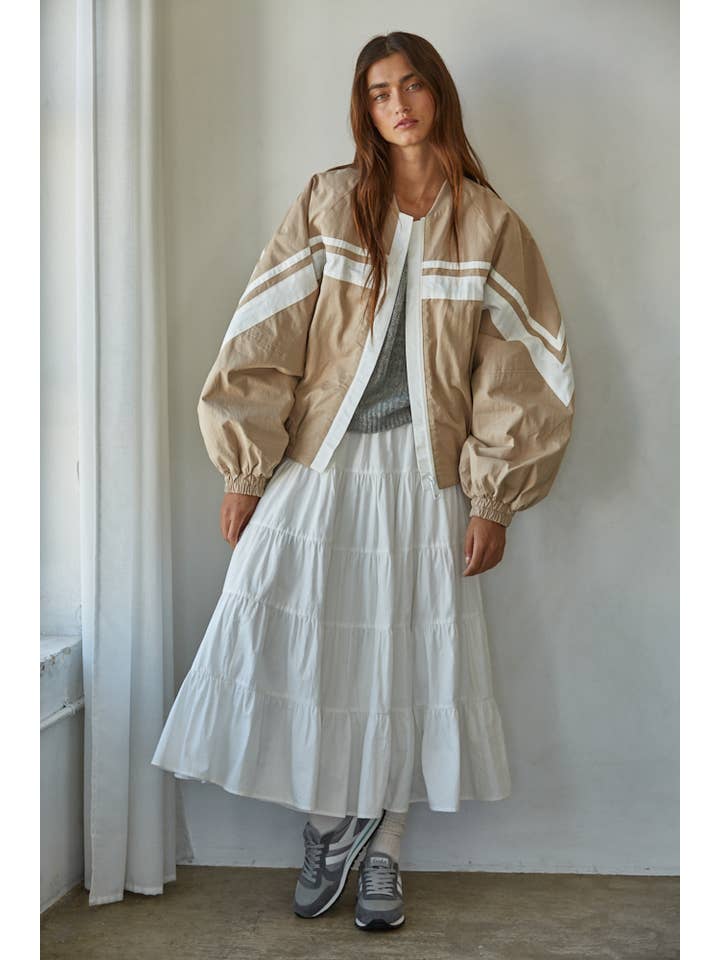 Beige L8723 | Woven Cotton Striped Zip Up Bomber Jacket for wholesale on Faire2