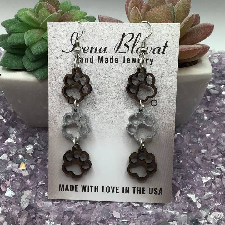 Paw Print Walnut Wood with Silver Paw Earrings for wholesale by Irena Blavat Designs