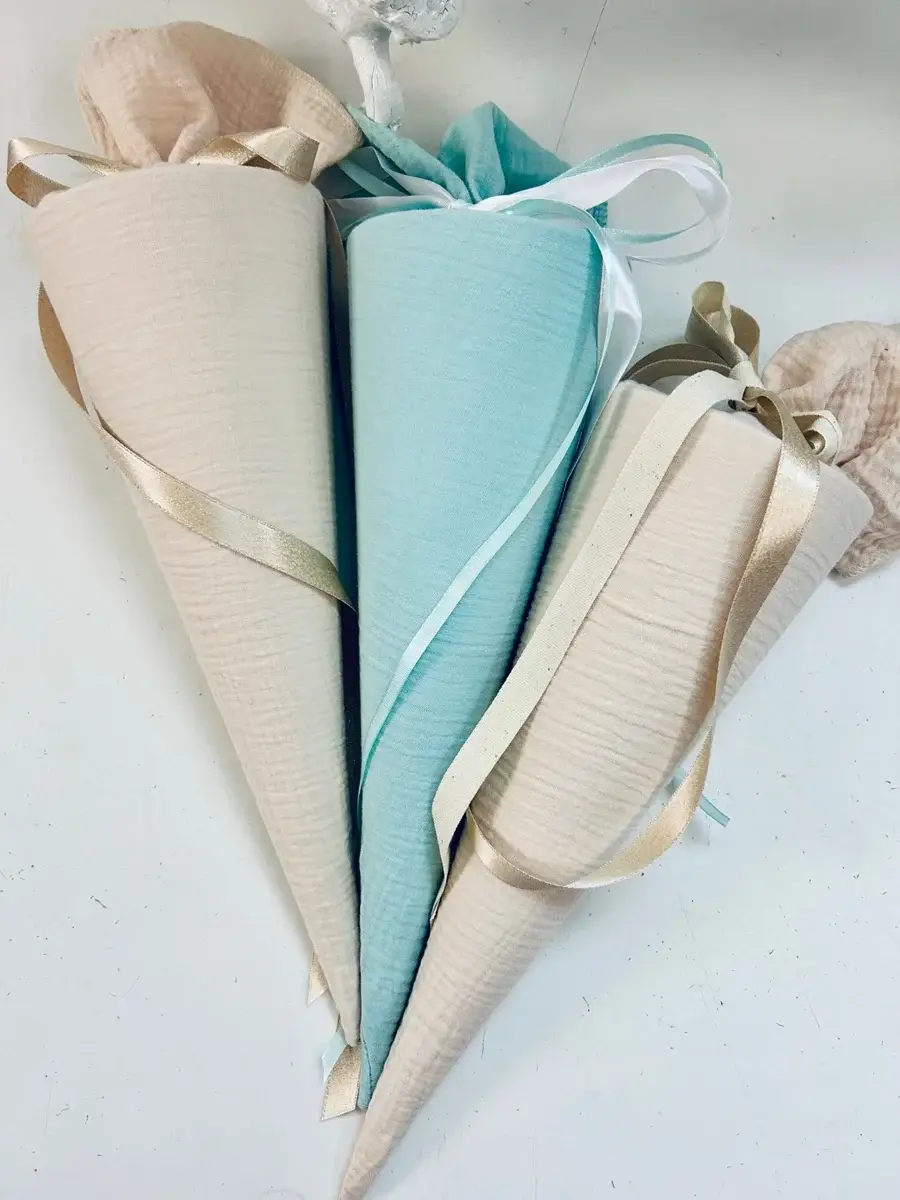 Küstenfieber® – Großhandel Partygeschenk – Musselin Schultüte Mint – Handmade – 35 cm / Ø 12 cm oder 704