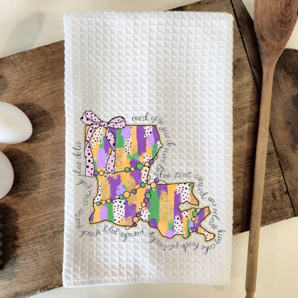 Mardi Gras Waffle Weave Dish Towel Tea Towel for wholesale by Prairie Chicken Sticker Shop & Gifts