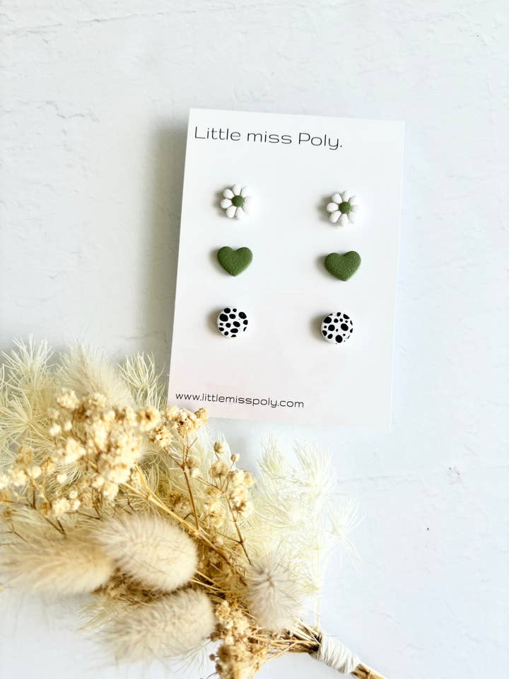 Triple Mini Daisy & Heart Stud Pack - Olive for wholesale by Little Miss Poly