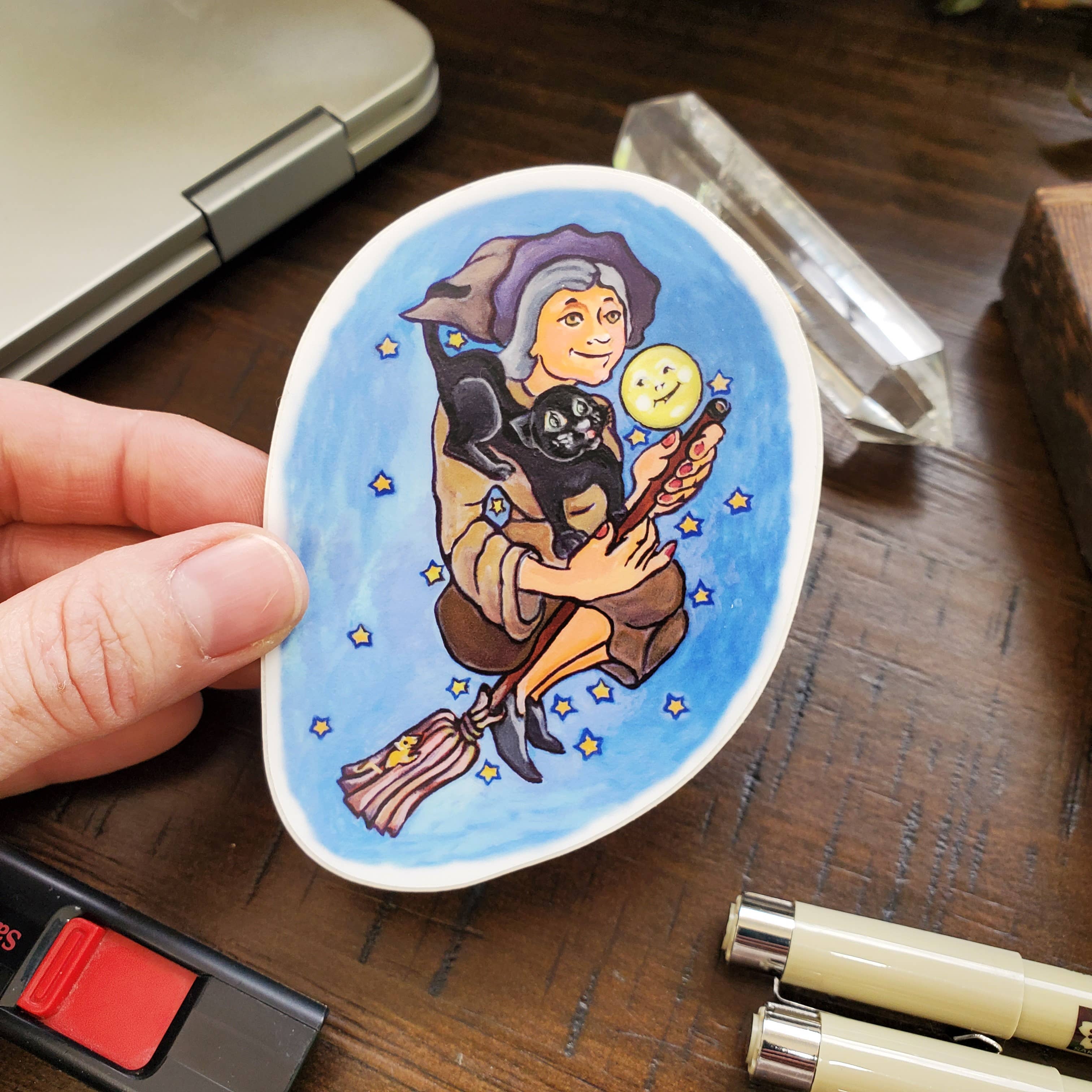 River Village – wholesale Sticker – The Witch and Her Cat Sticker, 3.5 inches tall2