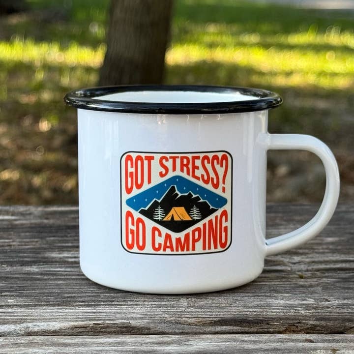 Heb je stress, ga kamperen | Enamel Camp Cup voor wholesale door Wild Rooster Trading Co.