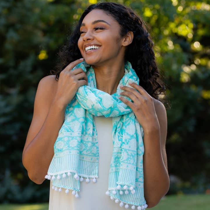 Anju Jewelry - Wholesale Scarf - Women's - Block Printed Cotton Scarf - Aqua with White Paisley Flowers1