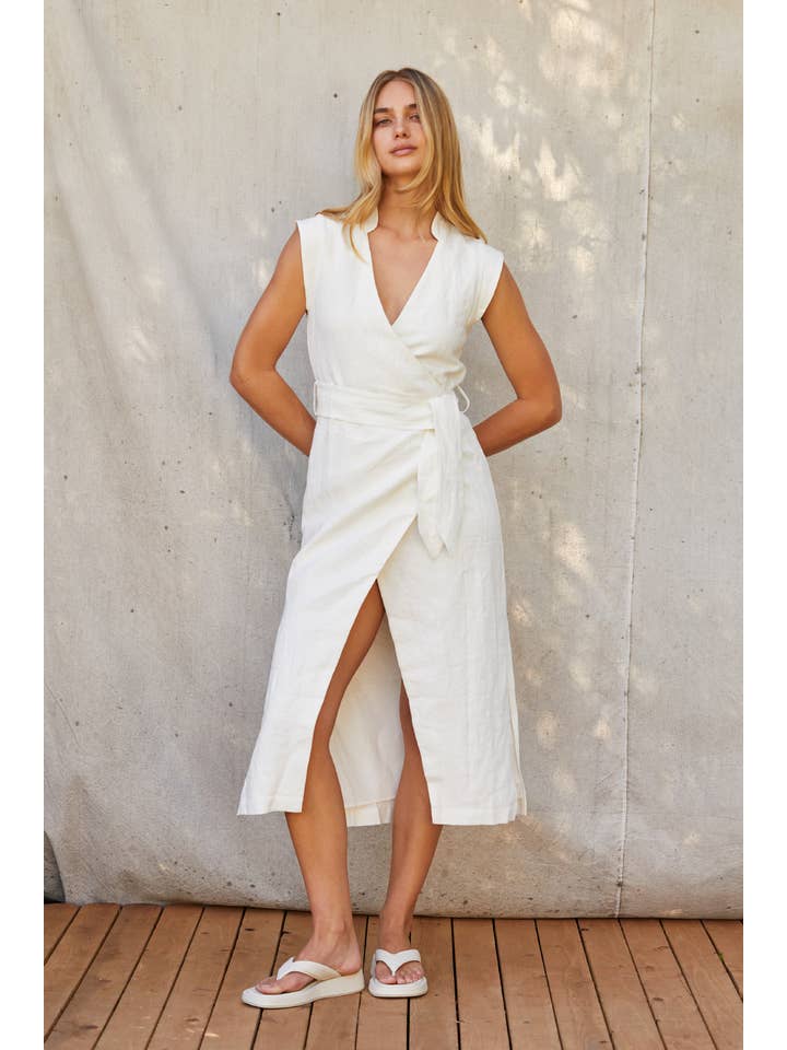 WHITE CD9403 - Lelina Wrap Linen Midi Dress for wholesale on Faire