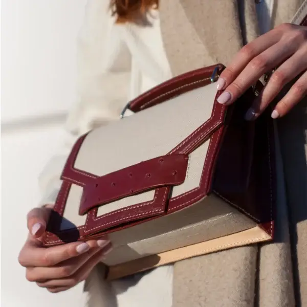 bordeaux Alca Burgundy Ostrich Leather And Linen Flap Bag for wholesale on Faire8