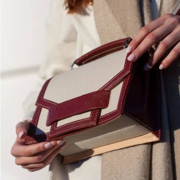 bordeaux Alca Burgundy Ostrich Leather And Linen Flap Bag for wholesale on Faire8