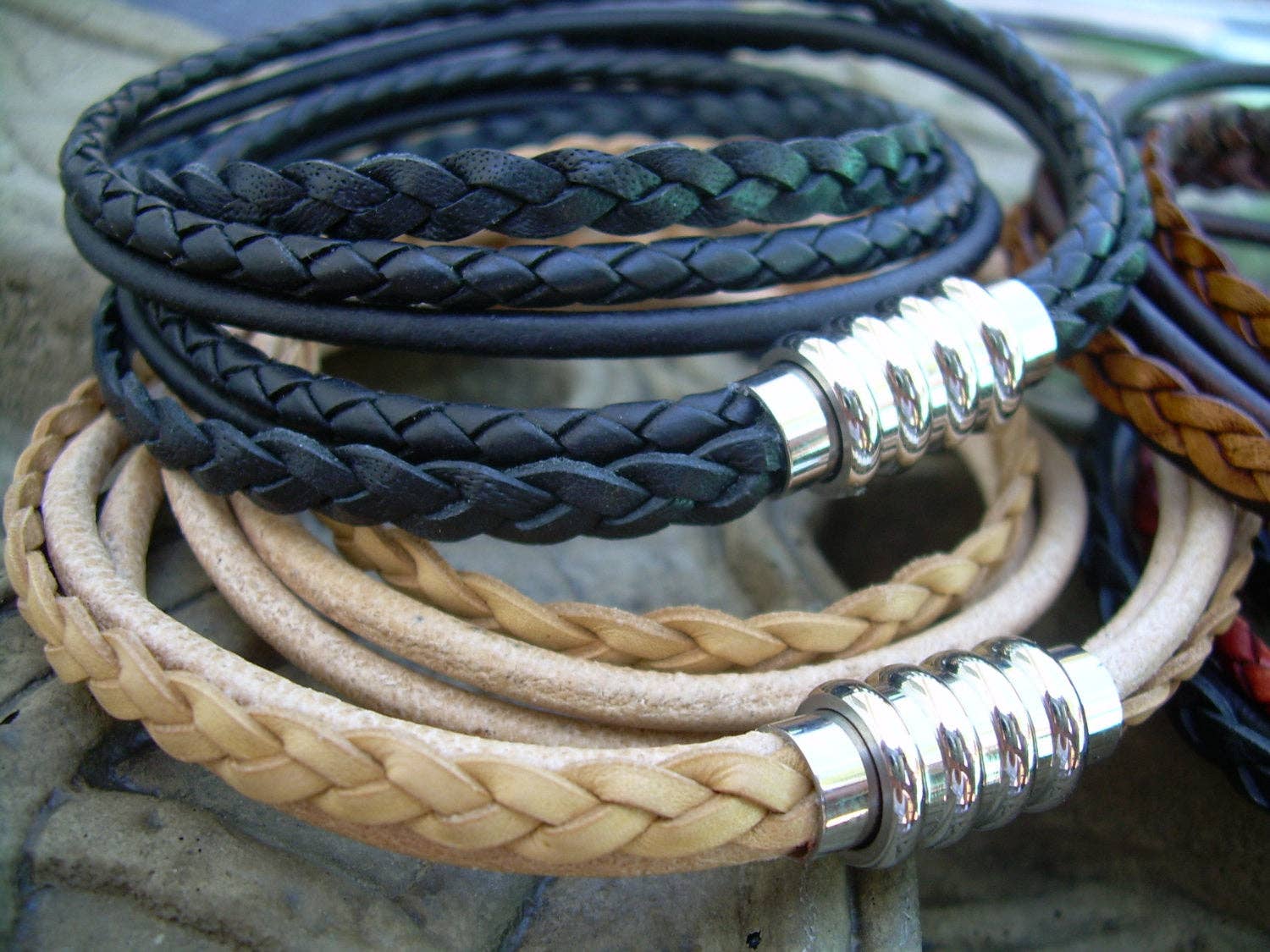 Urban Survival Gear USA - Wholesale Jewelry - Men's - Mens Leather Bracelet Stainless Steel Magnetic Clasp Mens Bracelets Leather Double Wrap Bracelet Fathers Day Gift Mens Jewelry Groomsmen4