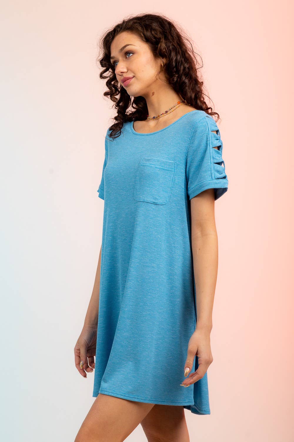 VERY J - Wholesale Dress - Women's - ND30836-Ruched Cutout Sleeve Tee Dress15