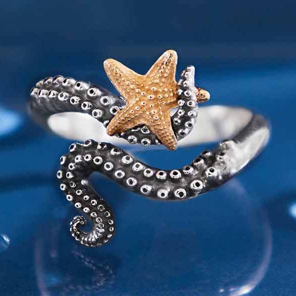Sterling Silver Adjustable Octopus Ring with Bronze Starfish for wholesale by Nina Designs