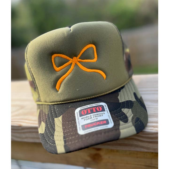 Bow Camo Embroidered Foam Trucker Hat Custom for wholesale by Aluminum Petunias