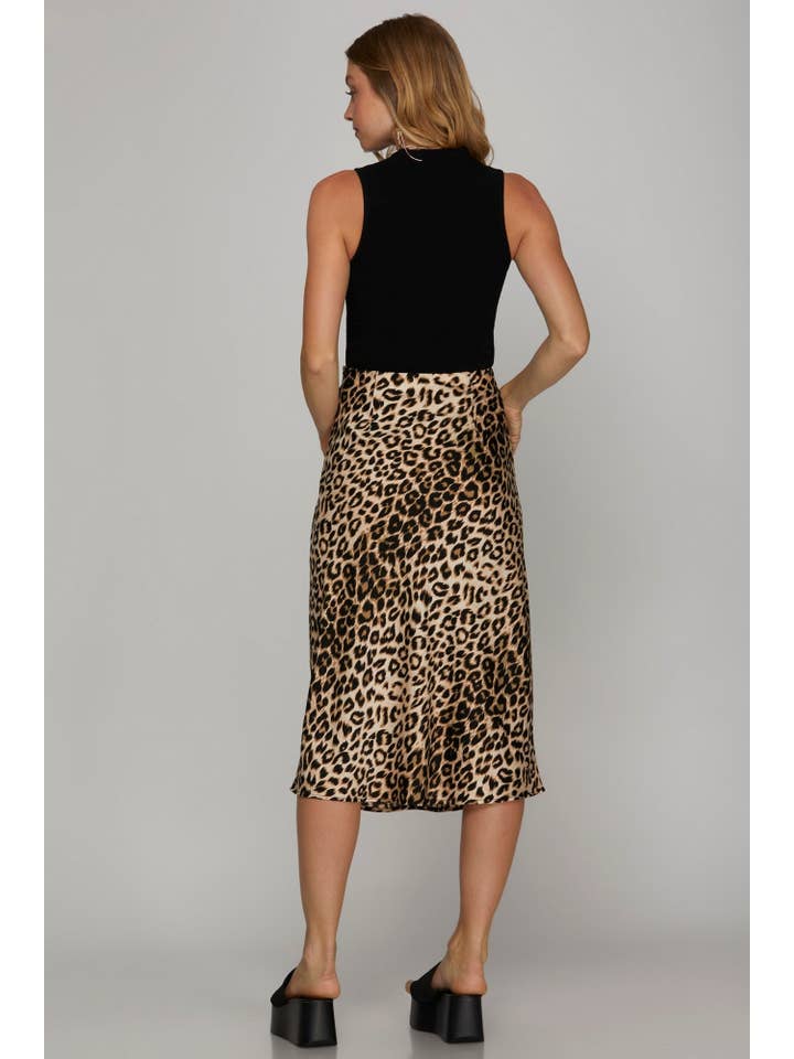 MOCHA PL5134 - SATIN LEOPARD PRINT A LINE MIDI SKIRT for wholesale on Faire3