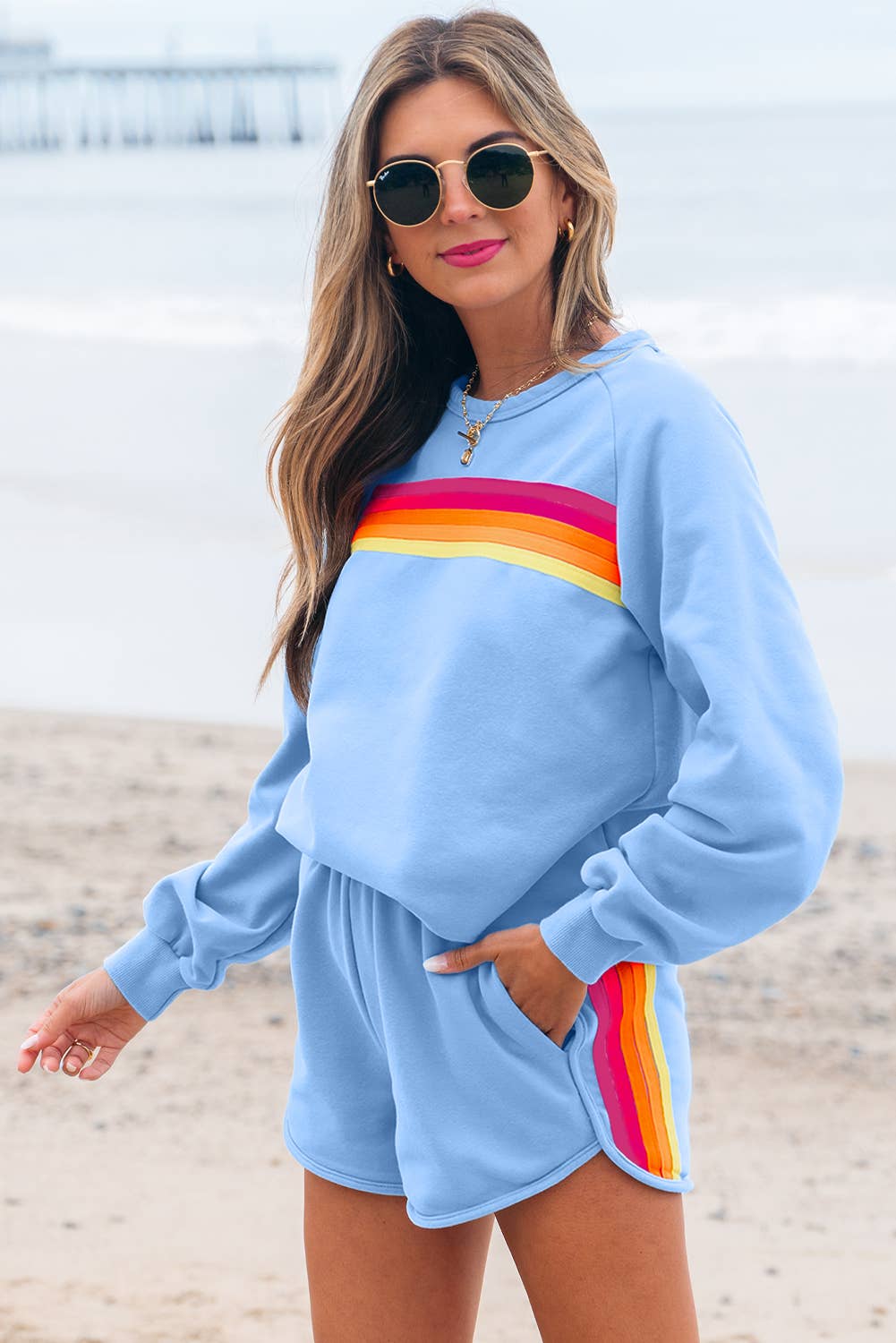 Babs + Birdie - Wholesale Lounge Set - Women's - Kenzie | Stripe Pullover and Shorts Two Piece Casual Set1
