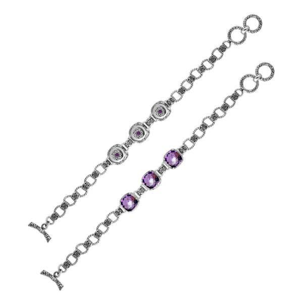 Bracelet à maillons triple coussin en argent sterling améthyste quartz AB-6145-AM avec détails de chaîne balinaise ornés et éléments de design élégants faits à la main. pour la vente par Bali Designs