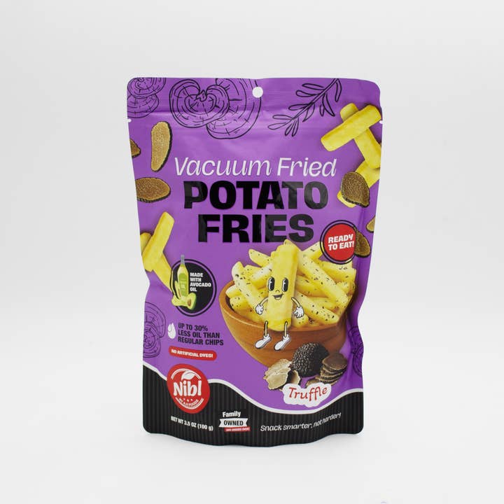 Vacuum fried truffle potato fries in a self standing bag for wholesale by Nibl by Aji Foods