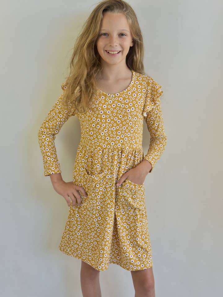 Mustard ivory purple 2 pocket dress for wholesale by Areacode407KIDS