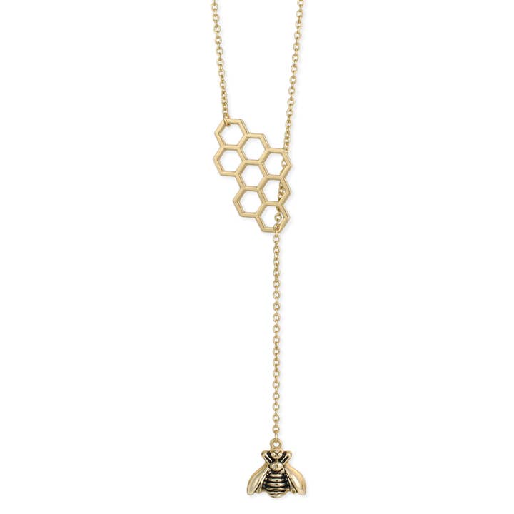 ZAD - Wholesale Y-Neck/Lariat Necklace - BEE-have Honey Comb & Bee Gold Lariat Necklace
