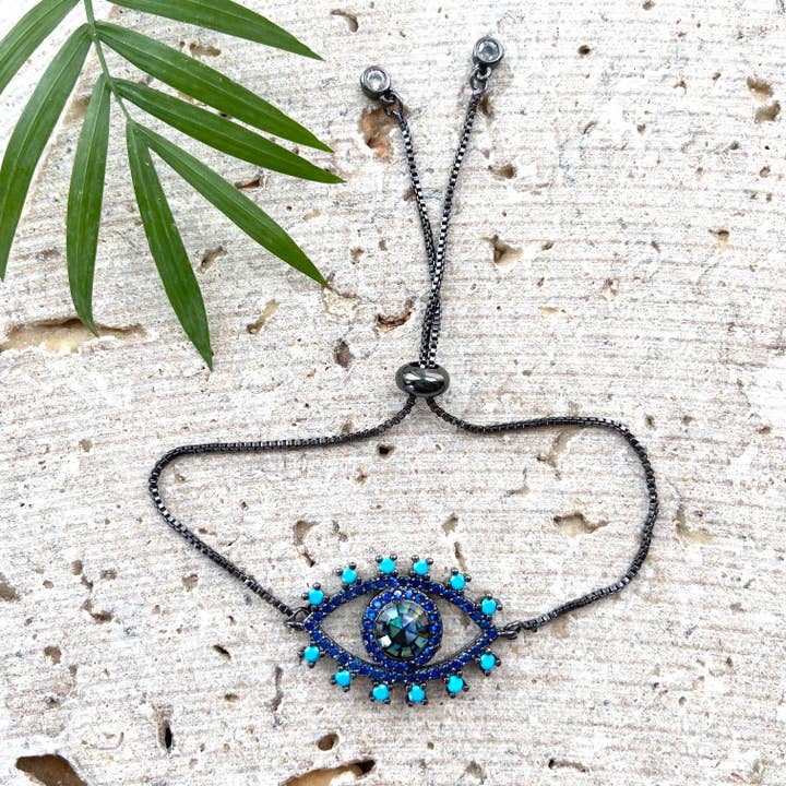 Eye multi blue slider bracelet boutique salon spa jewelry for wholesale by VB&CO Designs Handmade Jewelry