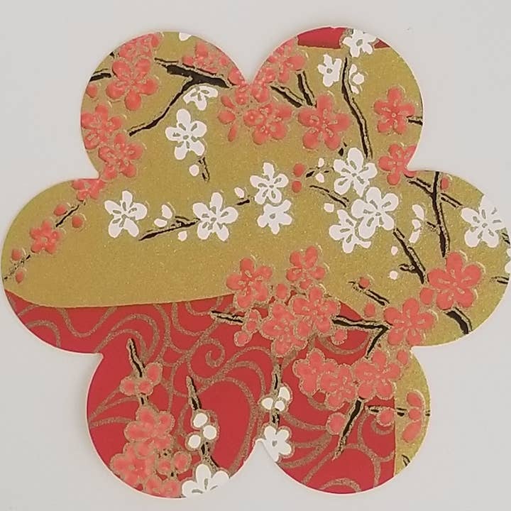 056 Coral and White Plum Blossoms on Red and Gold Chiyogami for wholesale by Sweet Space Studio