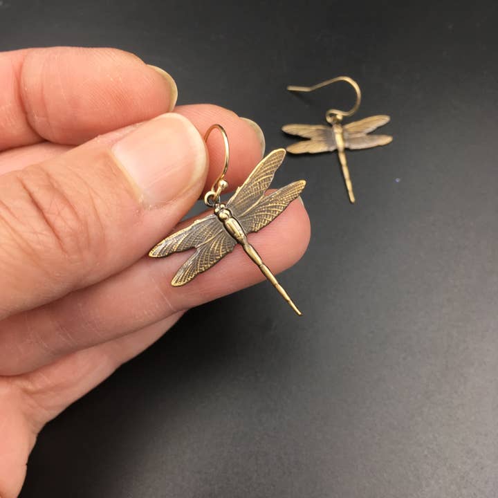 Metal Cloth & Wood - Wholesale Dangle Earrings - Dragonfly Dangle Earrings in Bright Gold or Antiqued Brass3