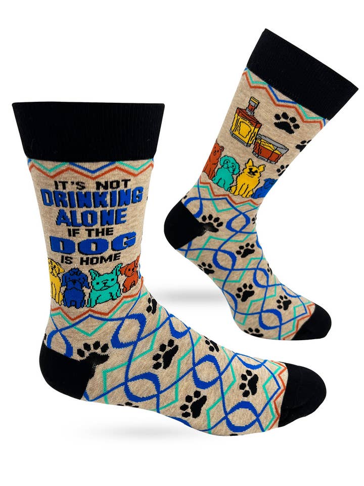 Fabdaz - Wholesale Socks - Men's - It’s Not Drinking Alone if the Dog is Home Men's Novelty Crew Socks