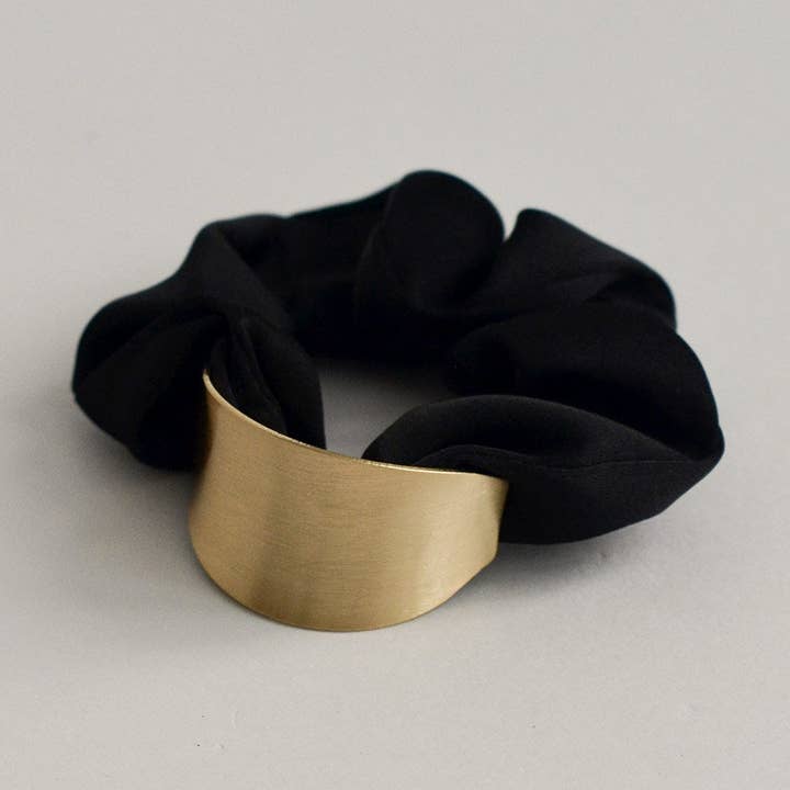 Satin Scrunchie with Crescent Gold Charm | Black for wholesale by nar'sha