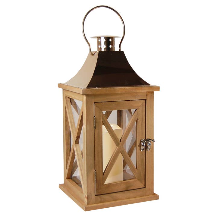 Wooden Lantern with Battery Operated Candle - Natural for wholesale by LumaBase