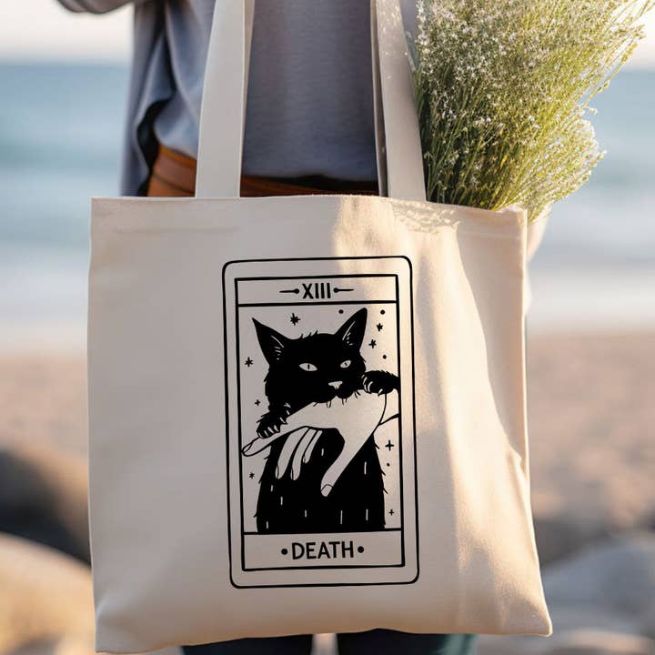 Tarot Death Black Cat Cute Funny Witchy Tote Bag for wholesale by Sister Ray