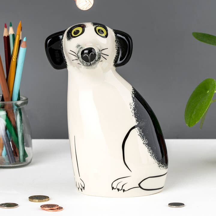 Håndlavet Keramisk Sort og Hvid Hund Pengeboks for engroshandel hos Hannah Turner Ltd