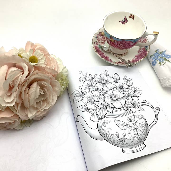 All Little Cute Things - Wholesale Coloring Book - Adult - Teapots, Teacups, Adult Coloring Book. Tea House Party Favor