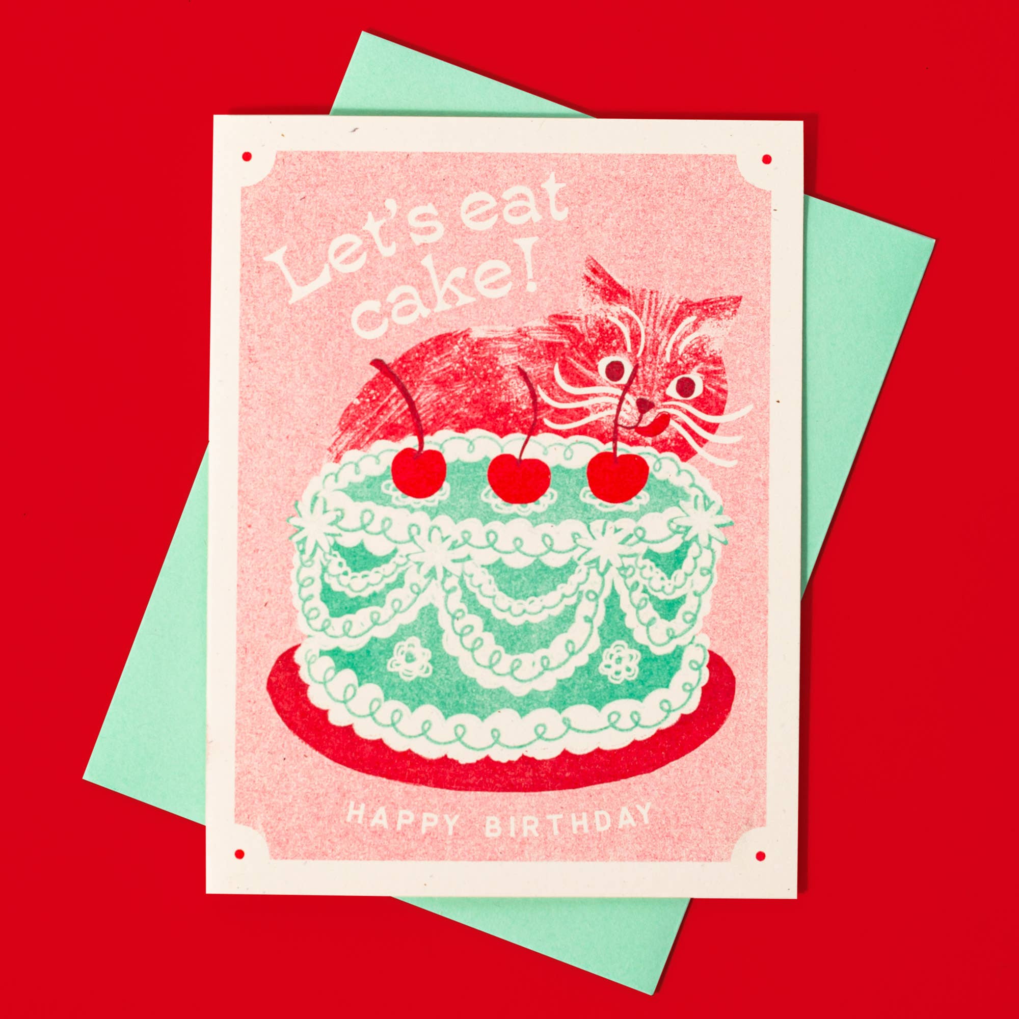 Bromstad Printing Co. - Wholesale Birthday Card - Let's Eat Cake Cat - Risograph Birthday Card1