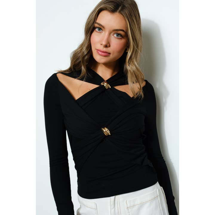 INA - Wholesale Blouse - Women's - Long Sleeve Unique Cutouts Gold Ring Accent Top