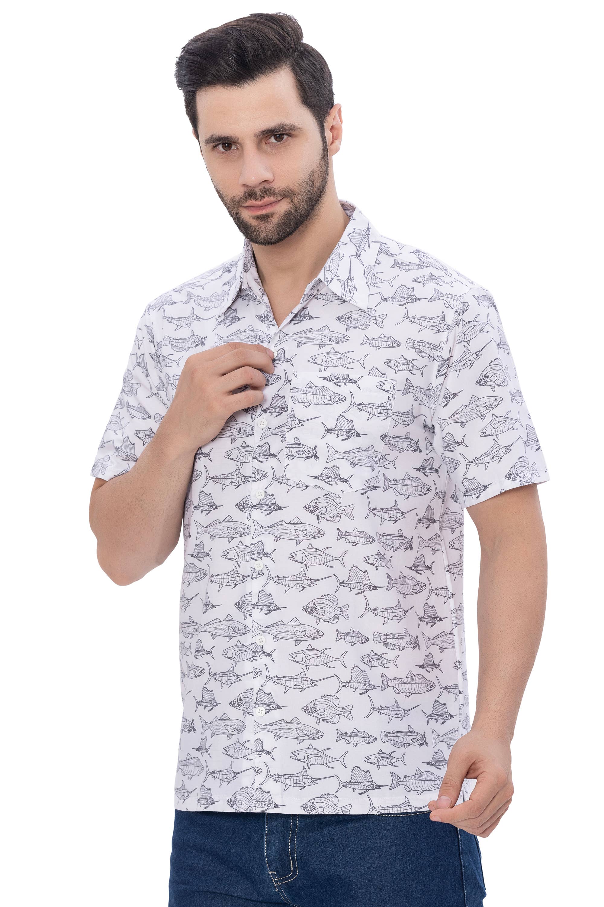 White Black HAPPY BAY Men's Rayon Hawaiian Shirts Grey Dolphin P00348 for wholesale on Faire4
