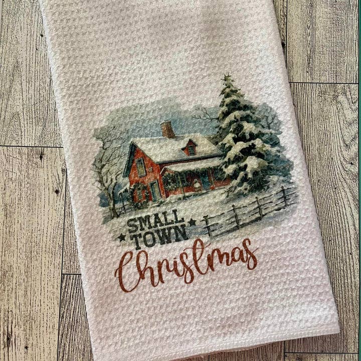 Small Town Christmas Waffle Weave Dish Towel Tea Towel for wholesale by Prairie Chicken Sticker Shop & Gifts