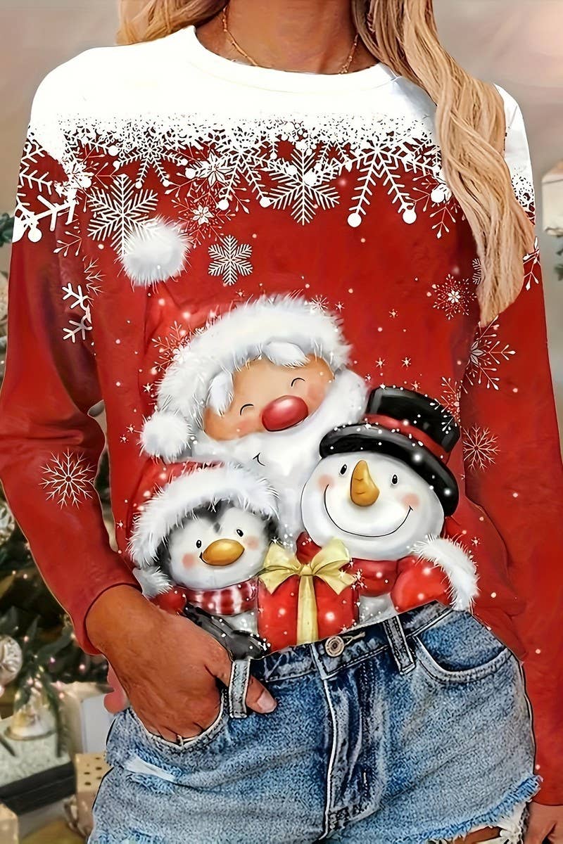 RED CWOSWL07611_SNOWMAN CHRISTMAS LONG SLEEVE KNIT TEE for wholesale on Faire1