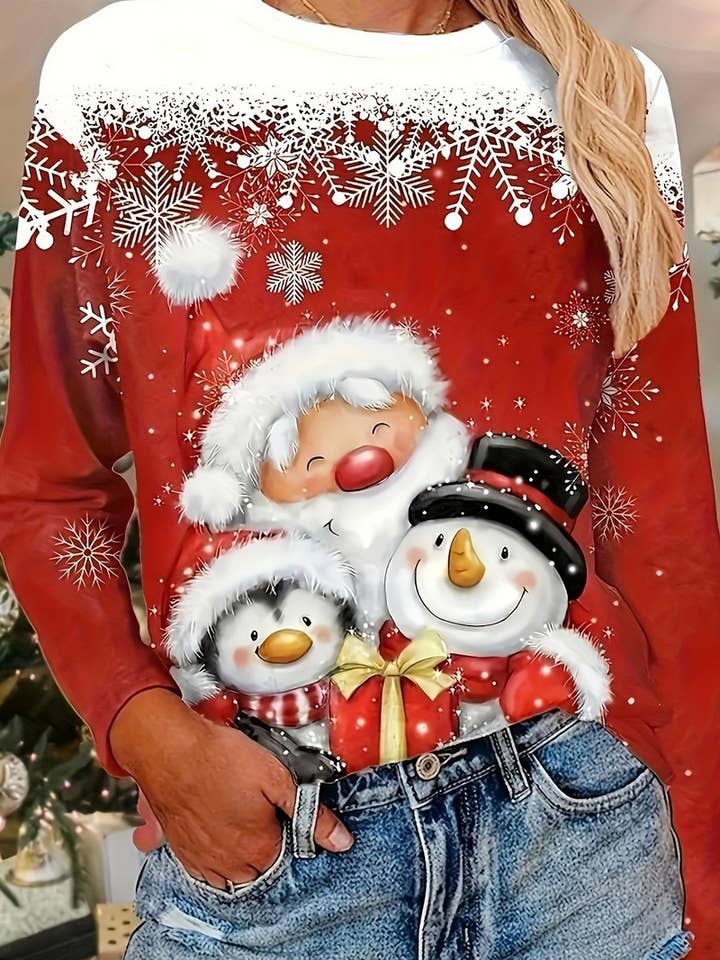 RED CWOSWL07611_SNOWMAN CHRISTMAS LONG SLEEVE KNIT TEE for wholesale on Faire1