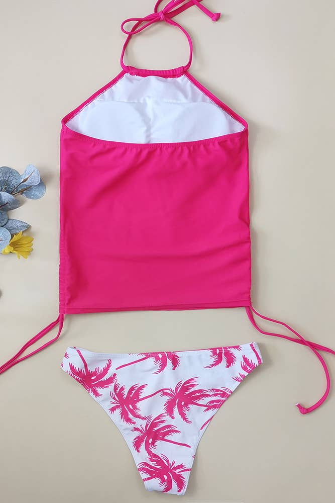 UNISHE – wholesale Tvådelad baddräkt - Dam – Coconut Tree Print Halter Ruched Tankini Set ZK0457